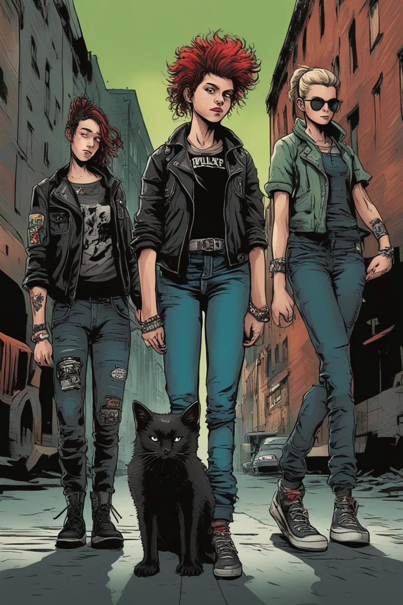 Design a detective book cover for teenagers. Three 15-year-old teenage detectives and a black cat in the centre, one boy on her left, the girl in the centre and one on her right are on the town street. Punk with a mohawk in the distance. Banksy style, modern comic book style, mysterious atmosphere, modern clothes, streetwear, street look, Polish style, highly detailed, green eyes, brown eyes, ginger hair, brown hair, blonde hair,