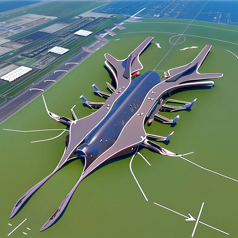 Symmetrical aerial view of an ant-shaped airport, spectacular, impressive, ultra quality, maximalist, 8k 3D