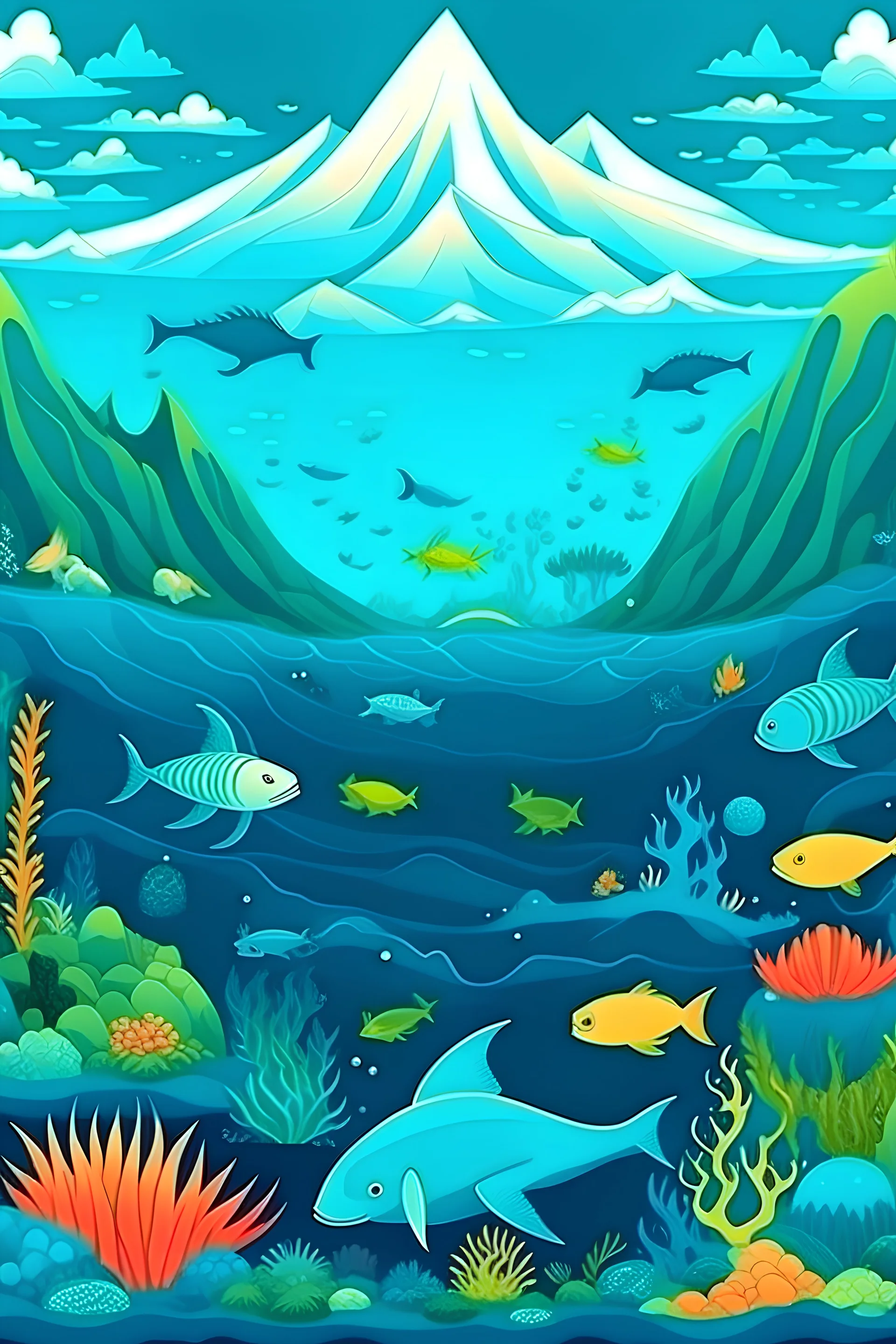 Vista del fondo del mar, con volcanes e erupcion, peces de diferentes colores, tiburones, corales, estrellas y caballitos de mar, el agua en diferentes tonos de azules y verdes