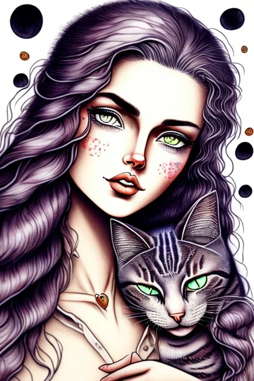 Cute friendly woman which is a cat, playing with cute cats, perfect eyes, perfect iris, ink and pencil, style Elisabeth Kreitz