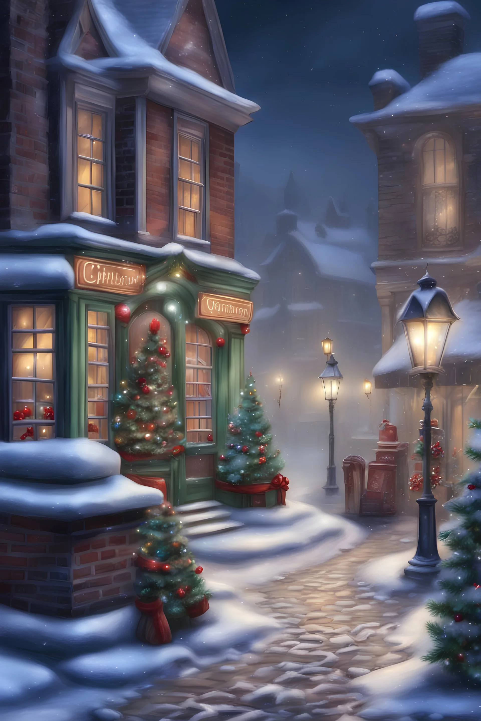 Victorian Street, Christmas, Candy Shop, Snow, Winter, Lanterns, Paving stones, Christmas Mood, Realistic. Christmas trees, Christmas decorations night snow