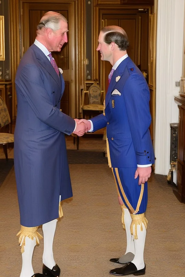 The Prince of Wales in traditional dress shakes hands with a guest in a blue suit, drawing room of St James's Palace, during a reception