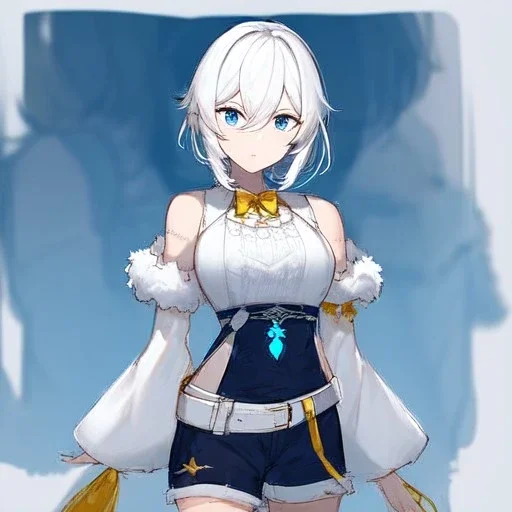 Clear focus, High resolution, rough line sketch art, short fluffy white hair, hair between eyes, fluffy hair, blue eyes, wearing a sleeveless shirt, wearing shorts, detailed outfit, lots of details, bow on belt, white belt, white and blue everywhere on outfit, cut sleeve, yellow chains around outfit