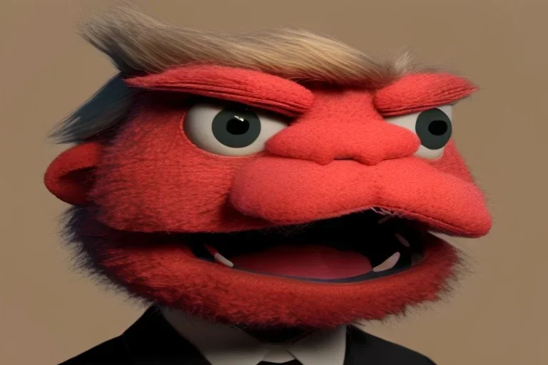 Angry muppet trump in suit, no tongue, looking forward, face, smaller, round puffball nose, eyebrows, no teeth small nose
