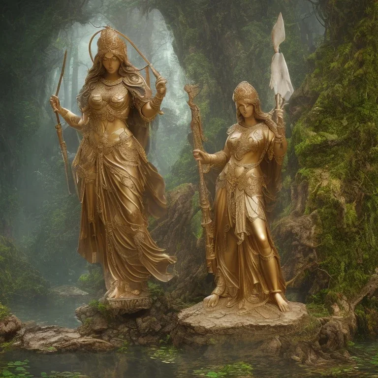 only one statue goddess athena abandoned of stone inner between moutain, wide, swamp, water, glass, fog, highly realistic, highly detailed, intricate, 8k