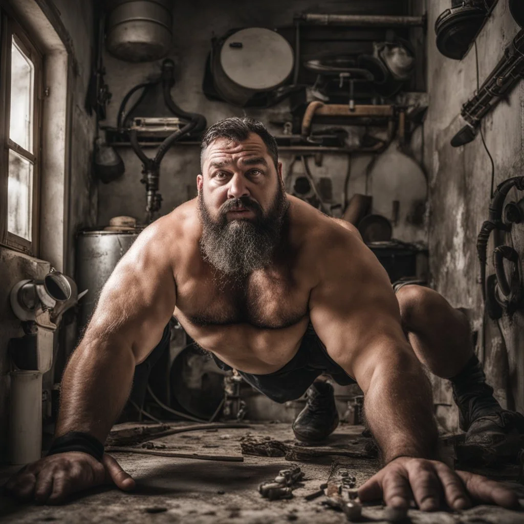 full figure shot photography, ugly turkish chubby plumber repairs boiler, burly, shirtless, hairy allover, manly chest, muscular big beefy 40 years old, dressed in boxer, big thighs, seen from below, frontal view, ambient occlusion, side light