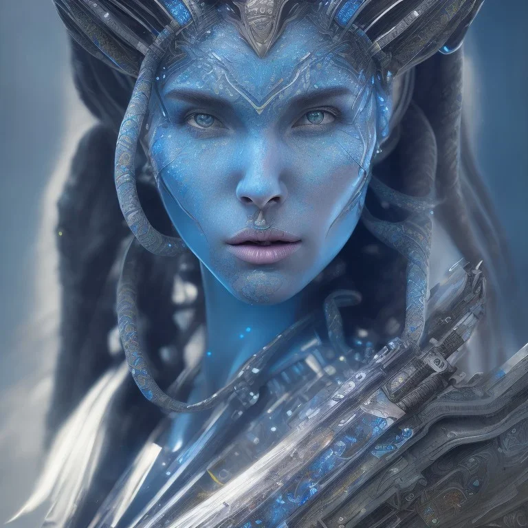 portriate of beautiful blue na'vi warrior,volumetric lighting, particals, intricate detail,realistc, close up