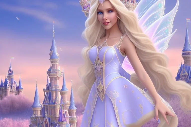 castle in background, beautiful, soft, big smiling, straight and long blonde hair, blues eyes, dewy and shiny atmosphere, diamond crown, long fairy wings in the back, full head, pink veil clothes