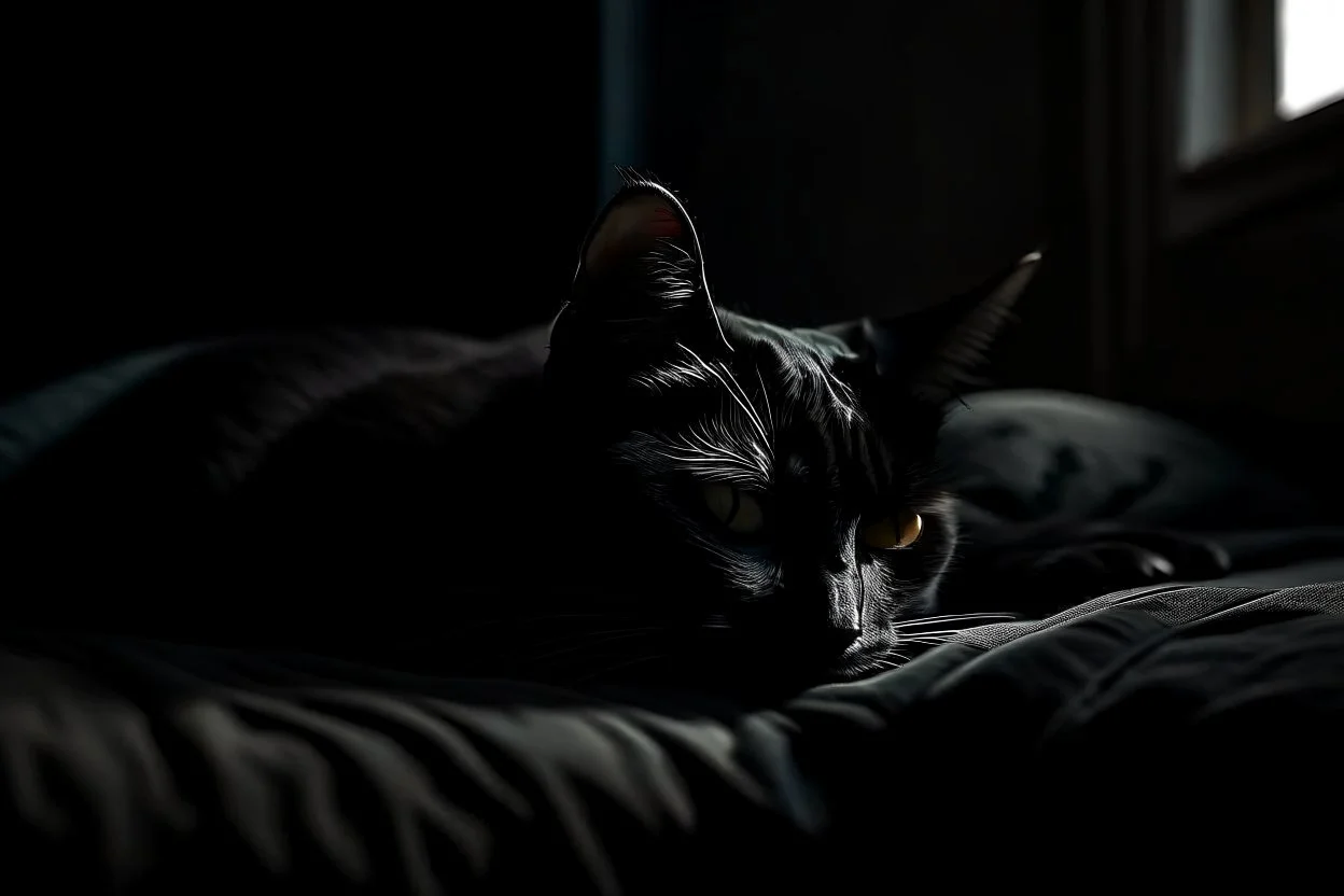 Sleeping in a dark room with a black cat. Calming atmosphere.