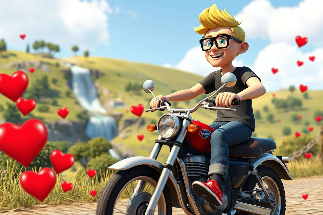 3D video game characters, a short blonde haired man wearing eyeglasses, t-shirts and jeans riding a motorcycle in tuscany hills, hearts, waterfall, happiness