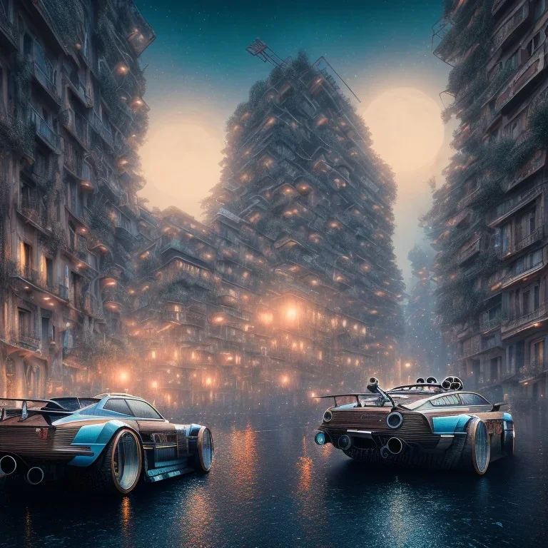 schwimmbad in piazza pebliscito, 8k, extremly detailled, cyberpunk art, night,moon shining gold,luxus, rain, antik,