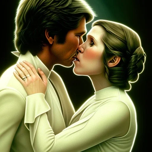 carrie fisher kissing harrison ford, pale skin, waist up portrait, intricate, oil on canvas, masterpiece, expert, insanely detailed, 4k resolution, retroanime style, circular reflective eyes, cinematic smooth, intricate detail , soft smooth lighting, soft pastel colors, painted Renaissance style