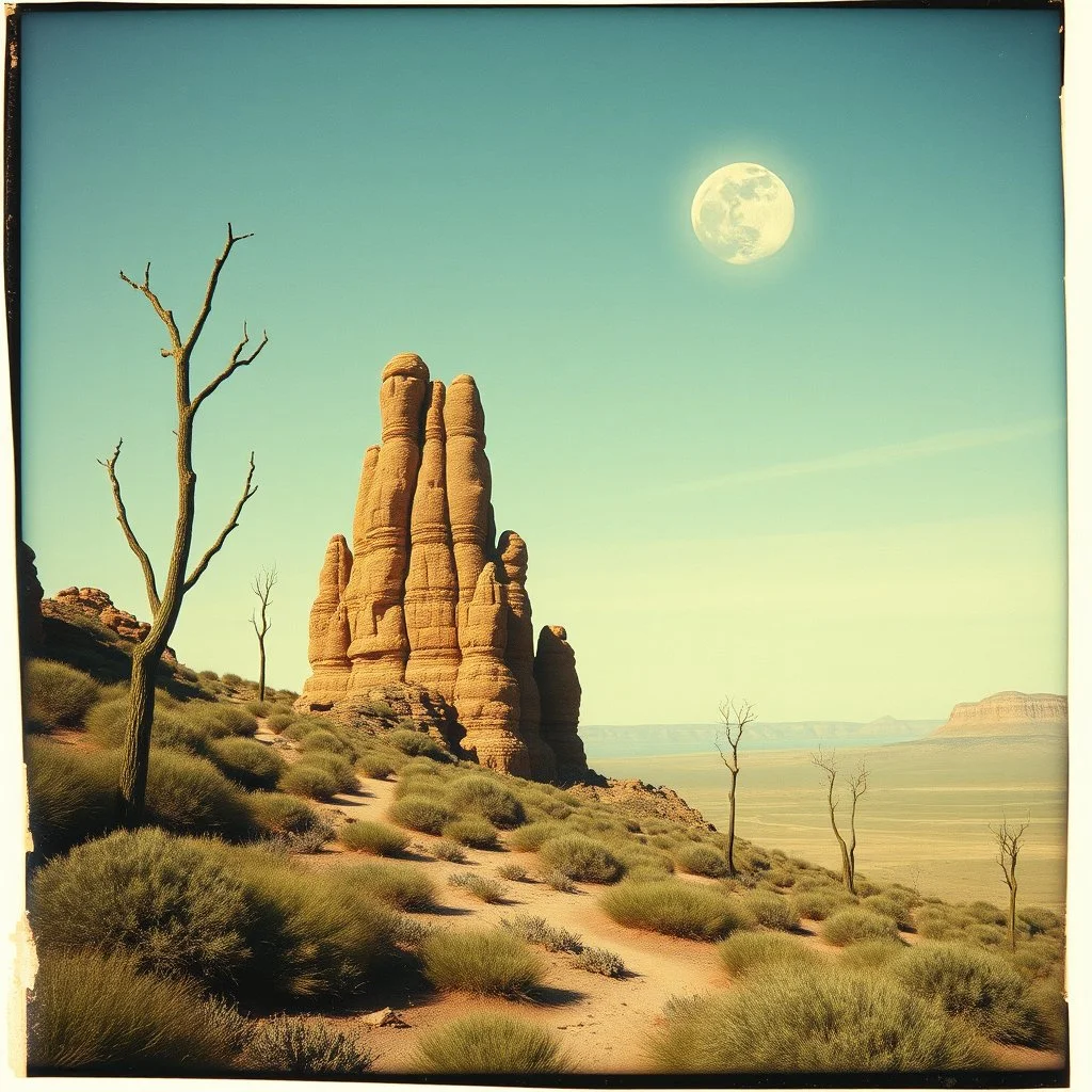 Creepy surreal landscape, polaroid, Max Ernst, Walton Ford, 8k, 3d, sharp focus