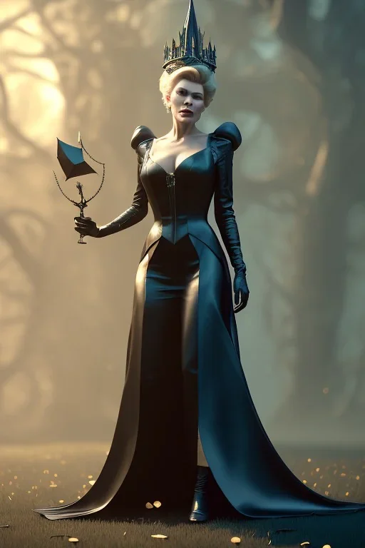 Hannah Waddingham as evil queen in black leather gown standing next to a tiny man, busty, cleavage, voluptous, rebecca Welton, angry, stern look. character design by cory loftis, fenghua zhong, ryohei hase, ismail inceoglu and ruan jia. unreal engine 5, artistic lighting, highly detailed, photorealistic, fantasy