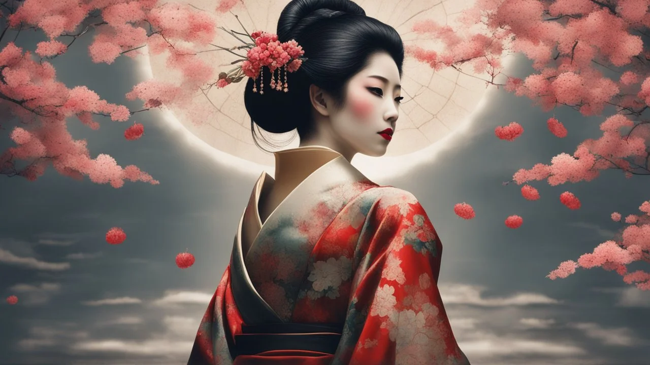 Japanese Geisha, illustration, digital art ,Vintage, Gothic, God Rays, vibrant colours, stylish ,Dark and Gorgeous art , GOD LIGHTING, Eiko Ishioka costume designer,, 32Κ, macro realistic,macro, sunbeams,beautiful, insanely detailed, cherryblossom zen garden, manga,anime,