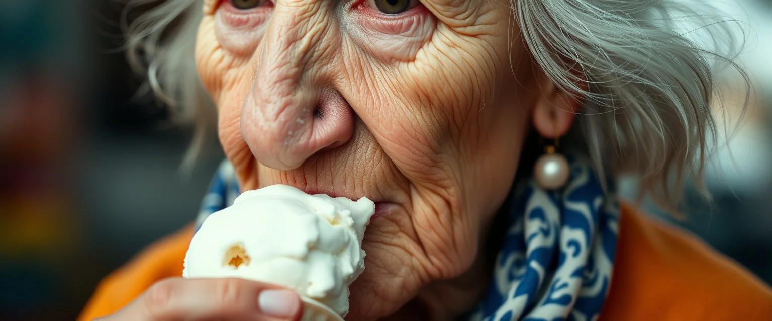 close up portrait of the sweetest soulfull magical old woman with no makeup eating ice cream with her nose