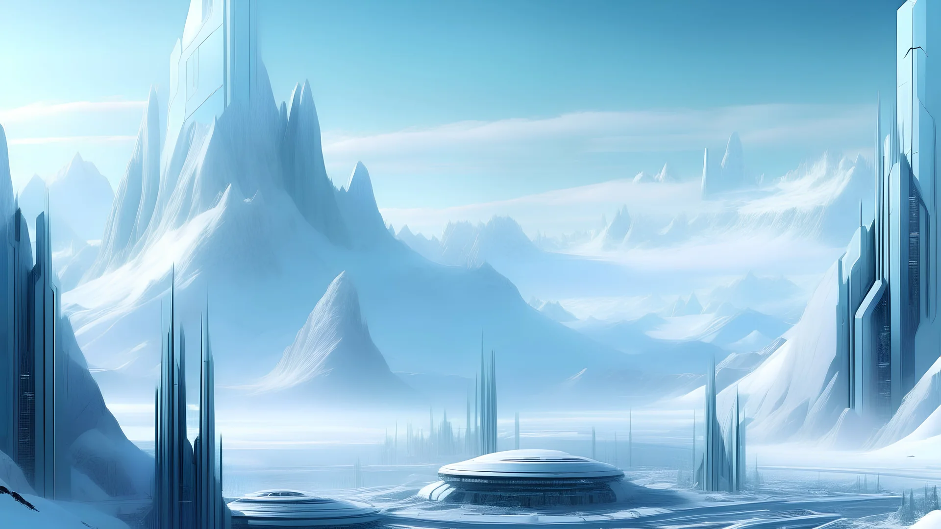 Futuristic city landscape with ice mountains behind