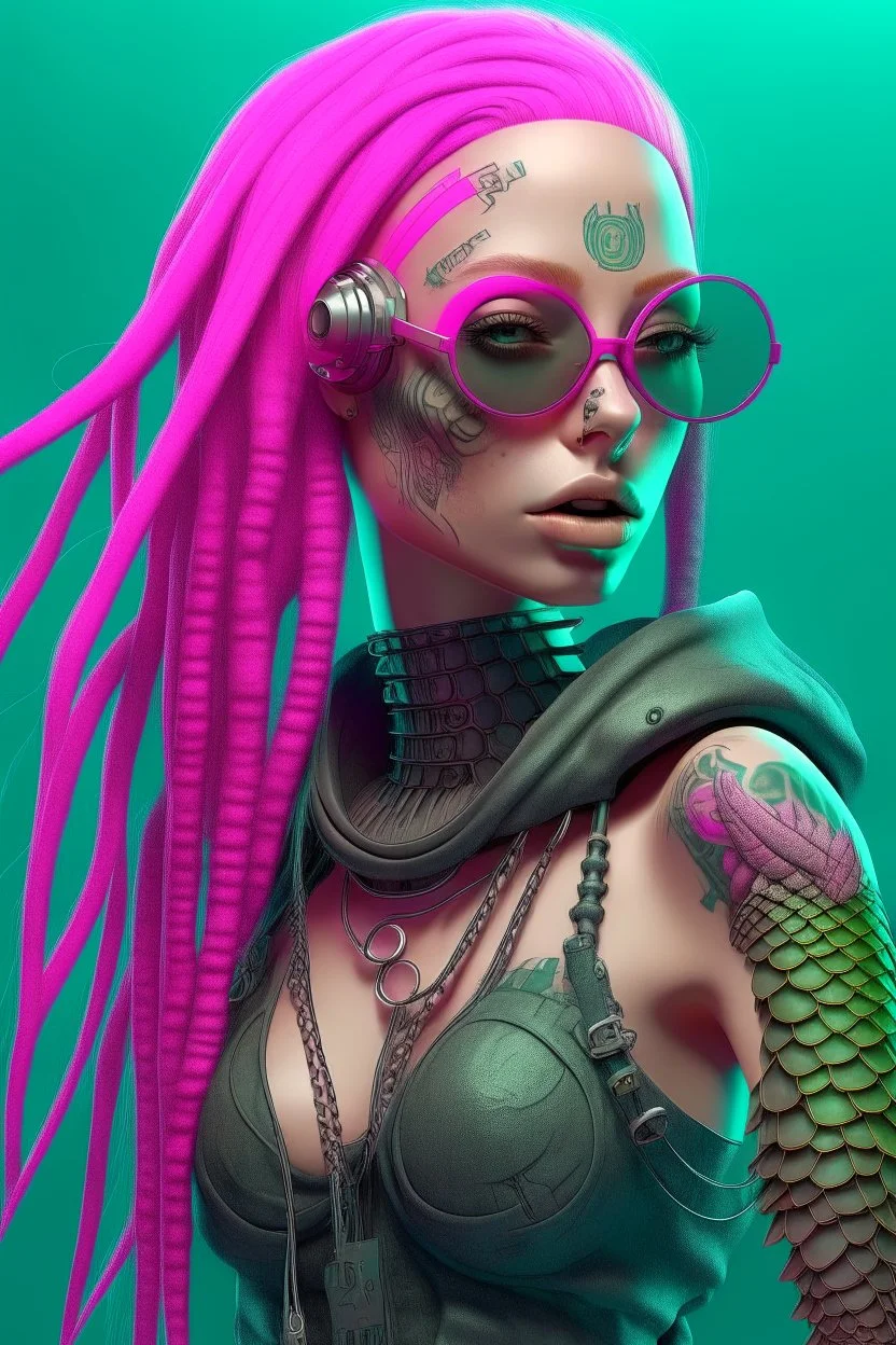 entire body mermaid cyberpunk some fish scales on face pink hair dreadlock sunglasses