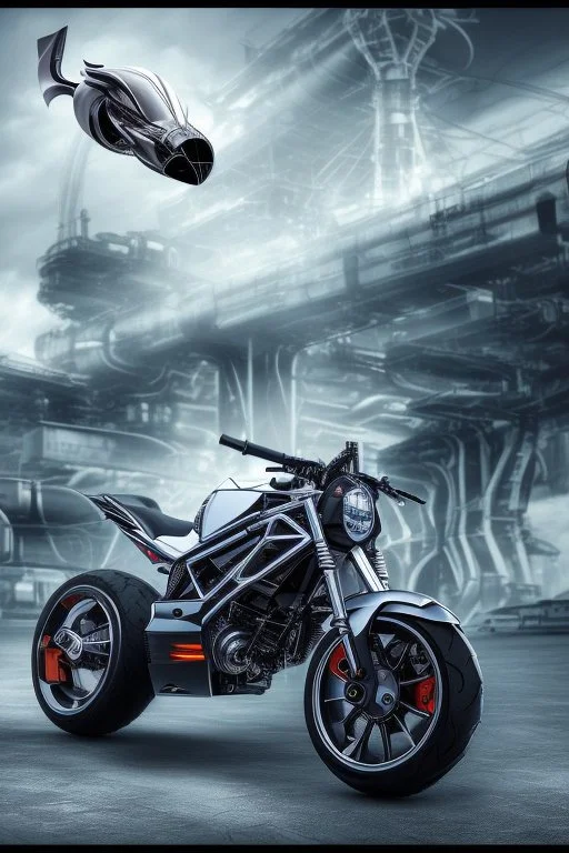 An advanced motorcycle with four wheels and a turbo jet in the