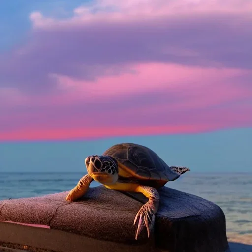 turtle and pink sky and people