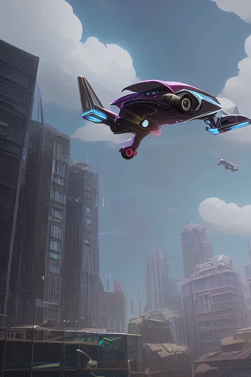 A flying car being drived by a robot between buildings in future city.