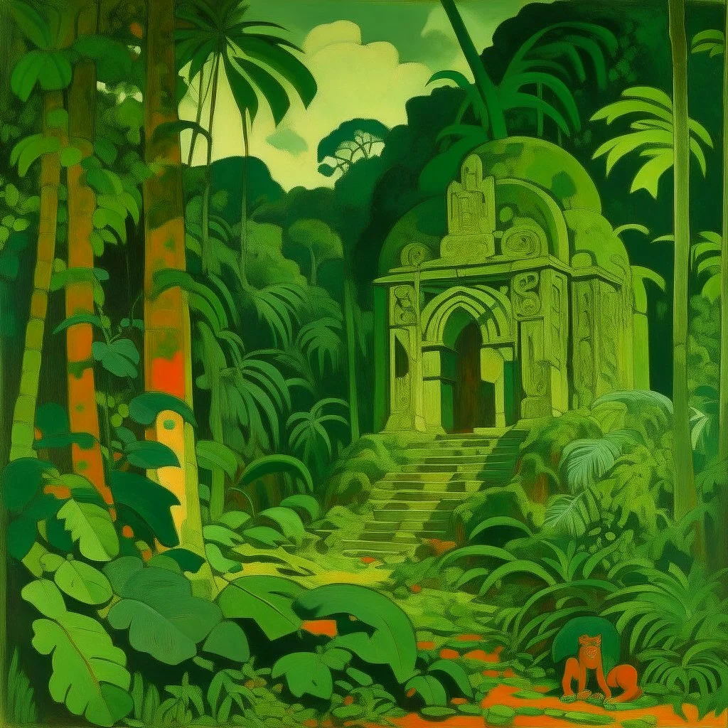 Dark green ruins in a jungle painted by Paul Ranson