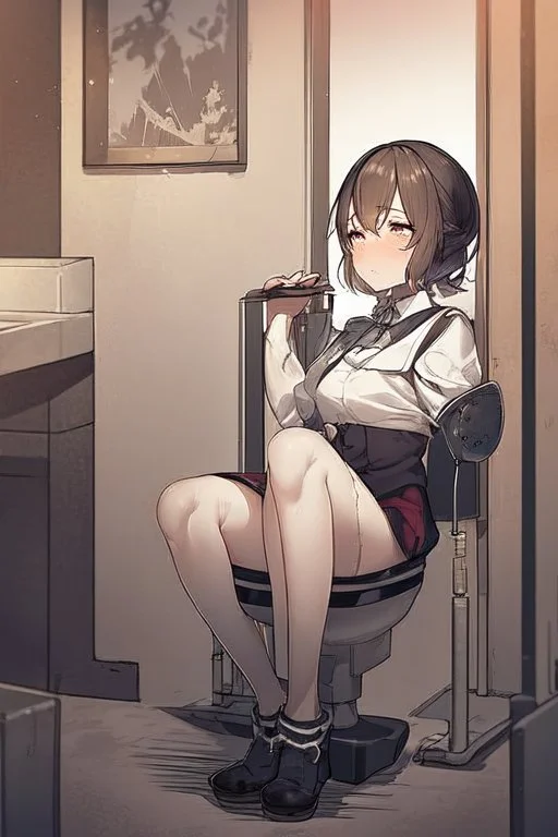 anime girl sitting on the toilet, struggling.