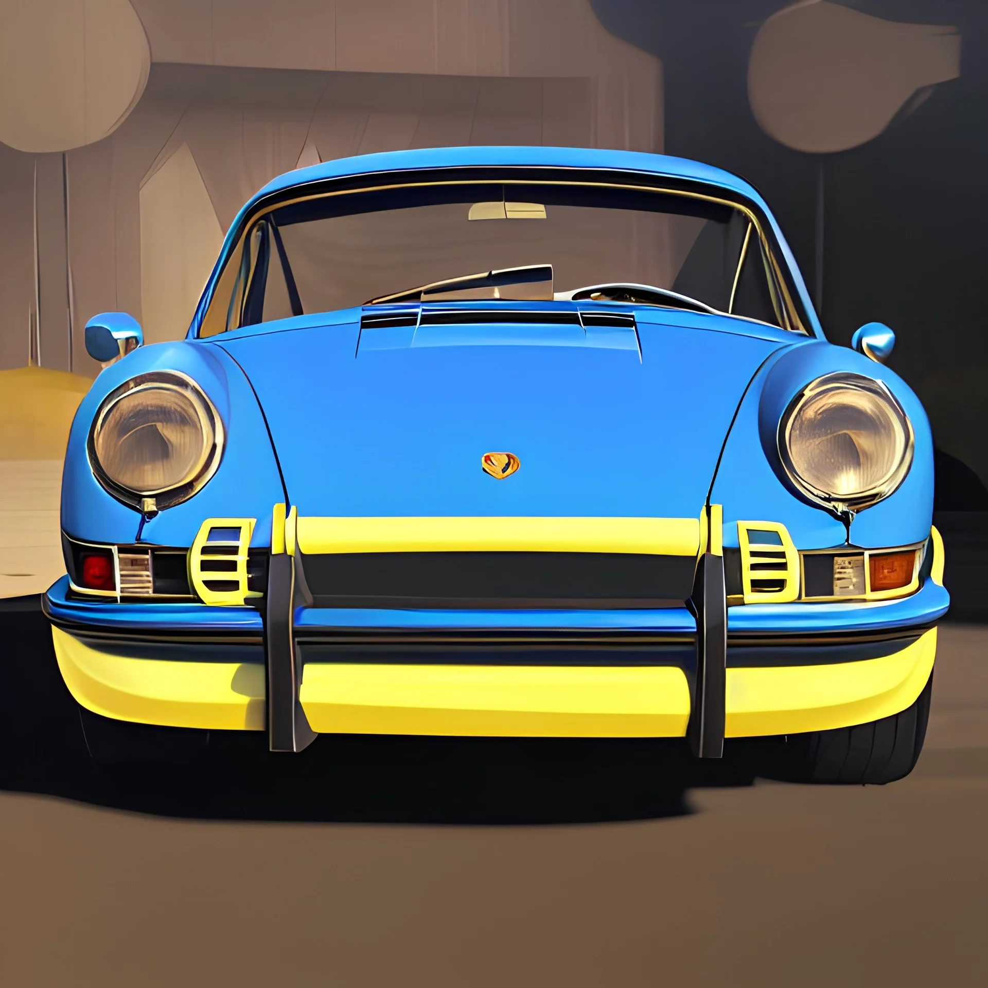 Foto de un Porsche 911 de 1960, de color azul eléctrico, incluir en la puerta un circulo de color blanco con el número 11 y con las llantas de color amarillo, aparcado junto a la playa