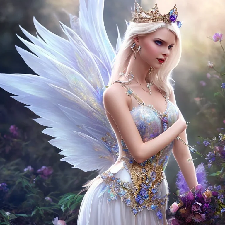 Fantasy cute fairy with wings, smiling, make up, long blond platinum hair, blue eyes, crown, beautiful dress, flowers in background, HQ