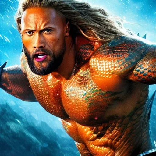 Fantasy, Dwayne Johnson as Aquaman, heroic, award winning, insanely detailed, sunlit, realistic, fighting,acrylic paint, 8k resolution, hdr