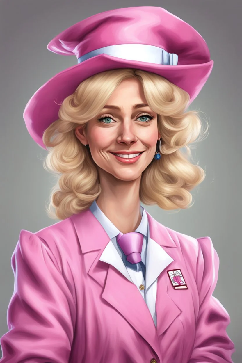 Een dom blondje die haar dokterdiploma heeft gekregen dankzij CHATGPT. Straalt domheid uit. Haar graduation outfit is volledig roze. Karikaturaal, carnavalesk, er zijn dokterattributen, denk legally blind en greys anantomy Dokter moet duidelijk zijn. Ze is lelijk, veel koninklijker, grootser, giganttisch, echt carnaval. Hoed is echt groot en karikaturaal, dom, moet wel nog steeds graduation hoed zijn