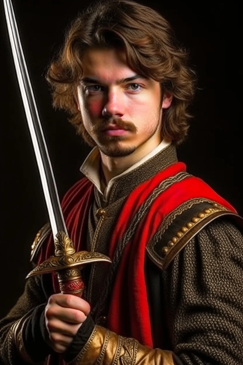 european brown hair young adult royal guard swordsman with rapier