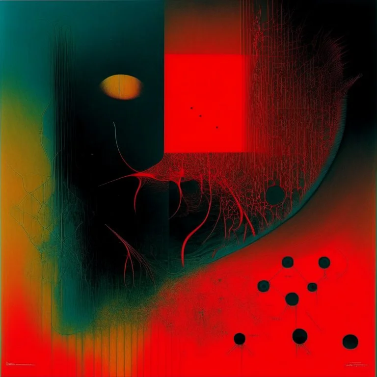 Precise geometries and flow graphs, parasite waxing, violent colors, harsh contrast, abstract surreal art, by VS Gaitonde and Victor Pasmore and Zdzislaw Beksinski, mind-bending illustration, asymmetric, Braille code characters, UV x-ray warm colors, dark background, Sharp Contrast, dynamic composition, red hues