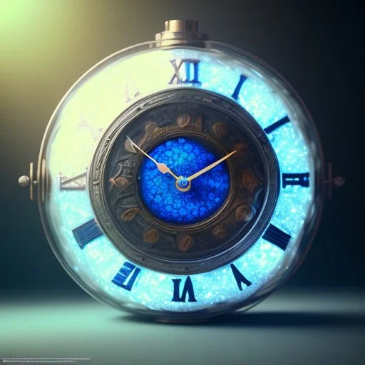 a blue crystal clock laying on sand, scary, steam punk, realistic, made in octane, cinematic, ultra-realistic, extremely detailed octane rendering, 8K, VRAY Super Real ar 2:3, dof photorealistic futuristic 50mm lens hard lighting dark gray tintype photograph, realistic lighting