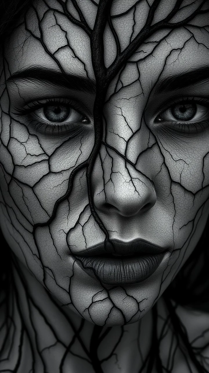 A woman face black vein, human veins, mixing together a lot of them, like a forest, big and small veins a lot of them,