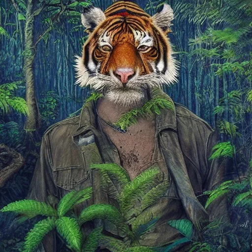 Bush man walking with tiger, anime, realistic, intricate, insanely detailed,tears, heroic, blue eyes, sunlit, acrylic art, Amazon forest,