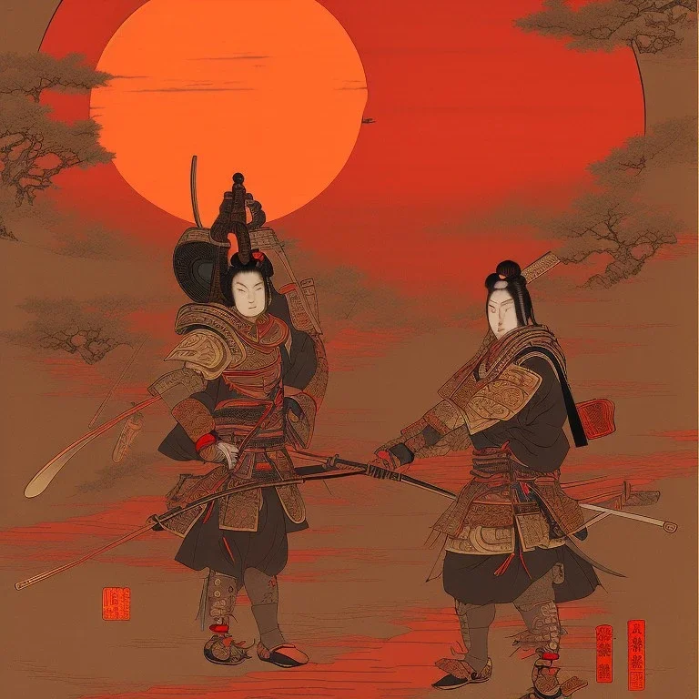 human Samurai Japanese Ukiyo-e, red sun in the background, walking in the mountains