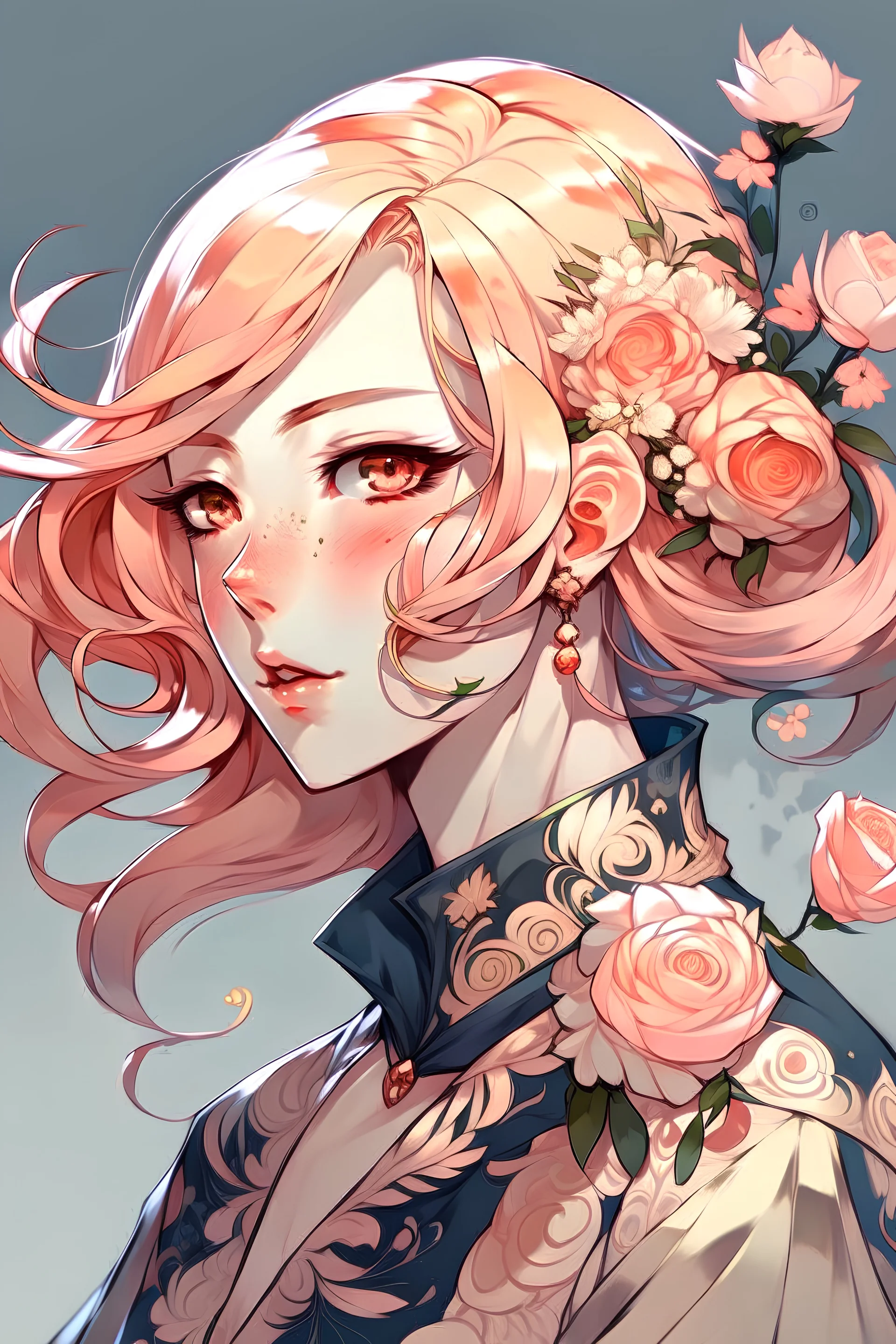 Floral inspired Honkai Star Rail woman with rose gold hair.