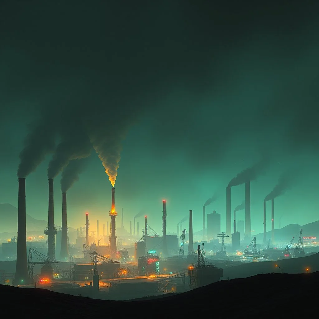 en framtidsvision med industri, robotar och en överhypad storstad, neon och rök, smog från stora industrier i bakgrunden som ryker från skorstenar, öde landskap, dystopi, simon stålenhag style