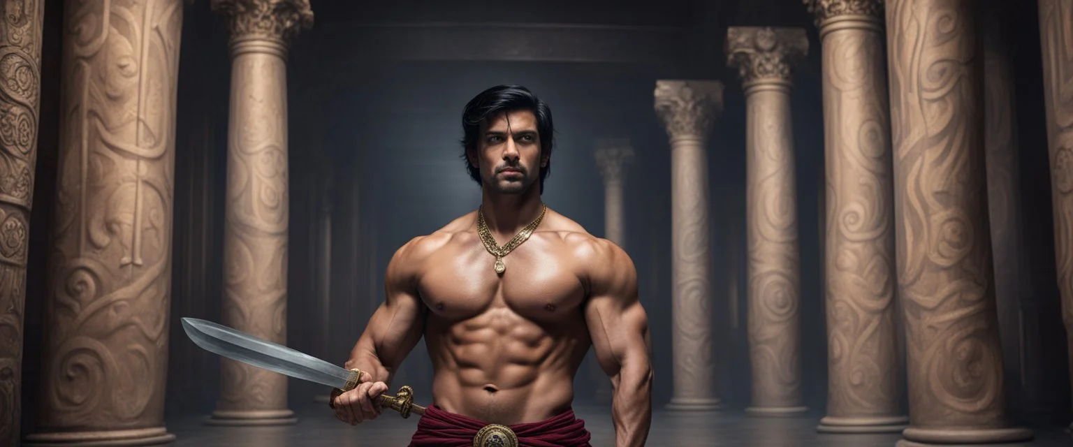 Hyper Realistic shirtless muscular handsome short black hair Indian King holding sword in a huge dark hallway with traditional pillars