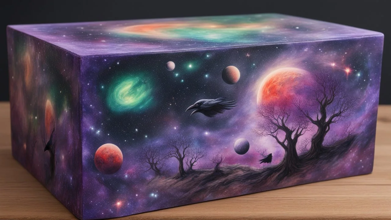 a box 10 cm long by 5 cm wide and 25 cm high, drawn on a box on all sides, space, tress, planets, crow galaxies a lot of colours purple, green and red, very realistic