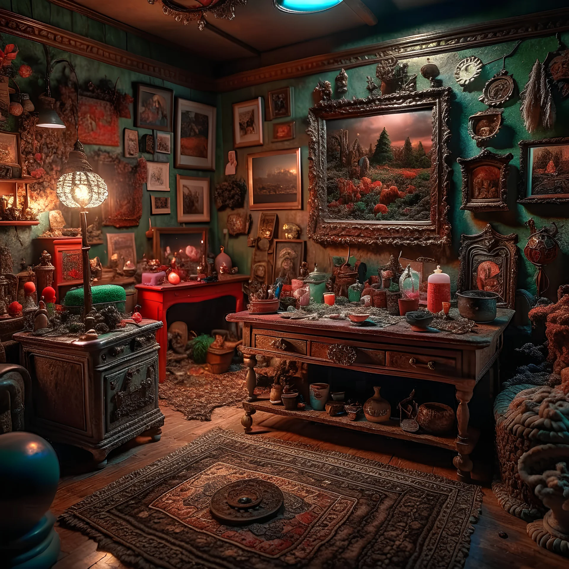 Diorama of old stuff in a room, sharp focus, 8k, 3d, very creepy, very detailed, volumetric light, grim, fine art, very colorful, ornate, 35mm, F/2.8, insanely detailed and intricate, hypermaximalist, super detailed, decadent