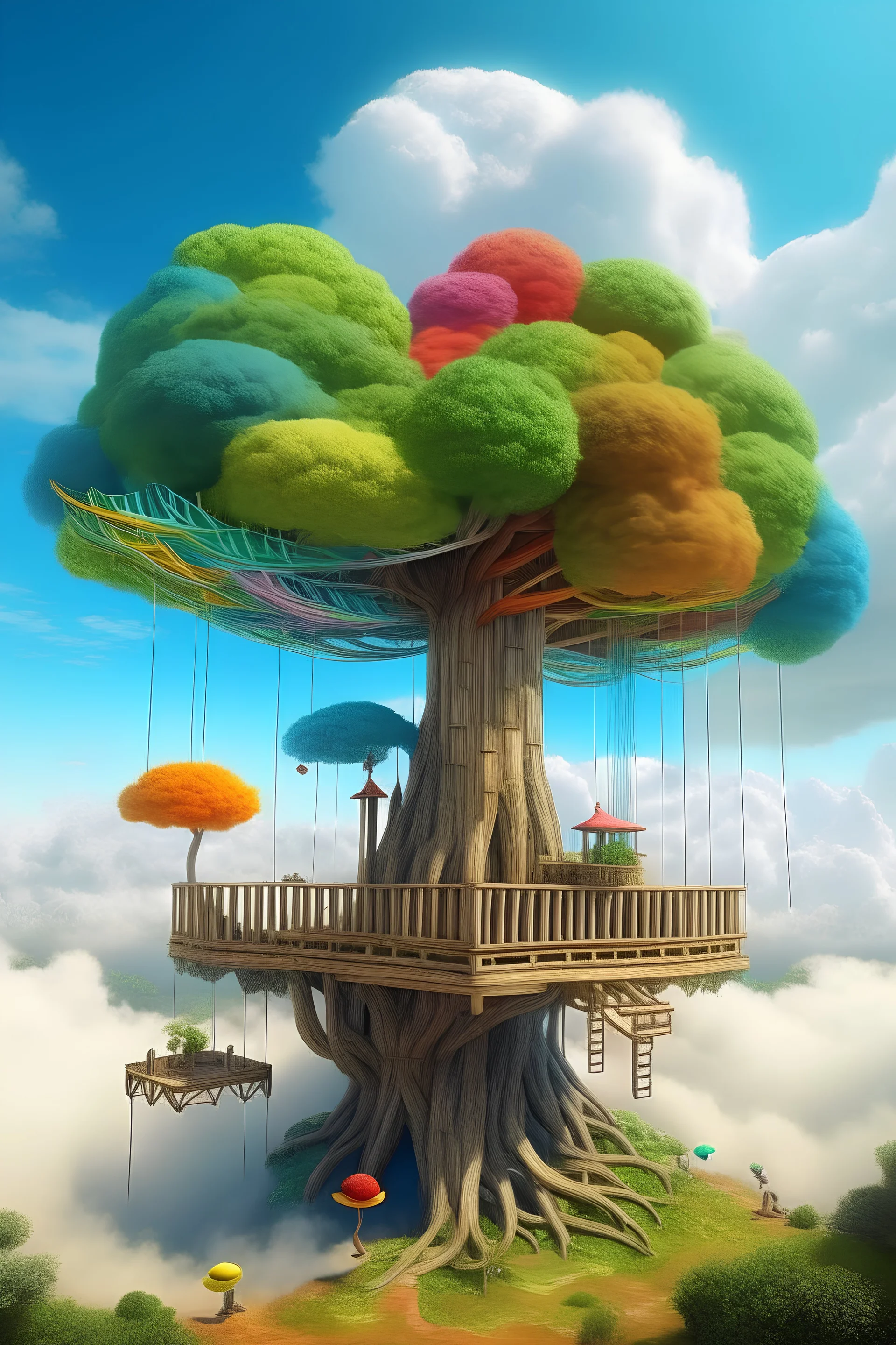 tree house in the sky surrounded with pillowy clouds with a floating root system multiple levels and a rainbow