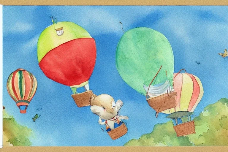 postcard with watercolor of a hot air balloon, children's book illustration, peter rabbit, giftwrap pattern