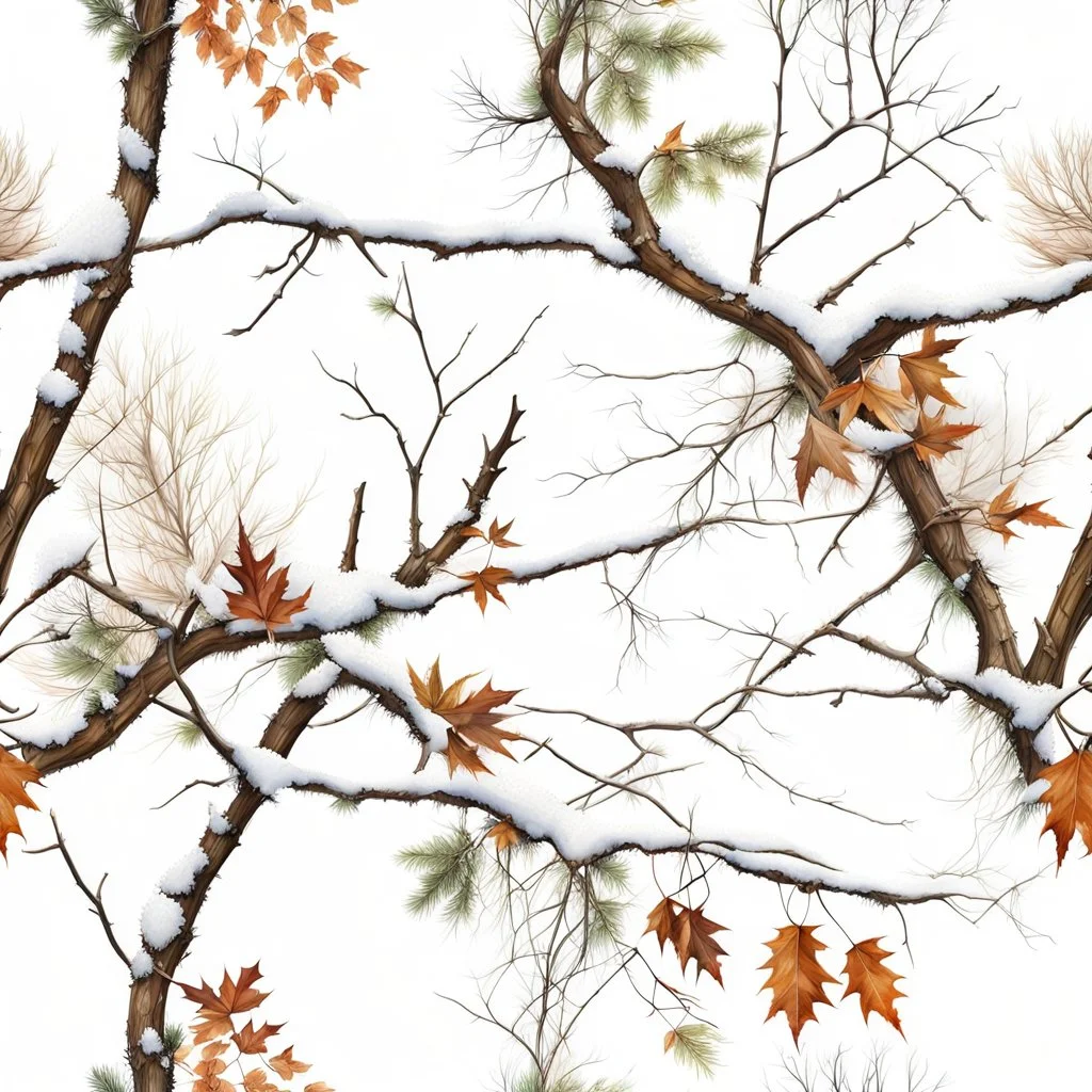 detailed Real Tree Camouflage made of sticks, twigs, tree bark, dried maple leaves, green pine branches, snow and dirt, white background, seamless repeatable texture pattern imitating a natural forest background, add details