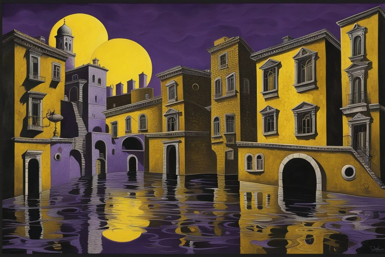 midnight in surreal old city with one big full moon, shadows on walls, strange buildings, sinister, dark clouds, by Greg Rutkowski surrealism Salvador Dali , purple-yellow, black melting oil on canvas, sinister, by Greg Rutkowski surrealism Salvador Dali matte background melting oil on canvas abstract vector fractal, wave-circle function, Zentangle, 3d shading