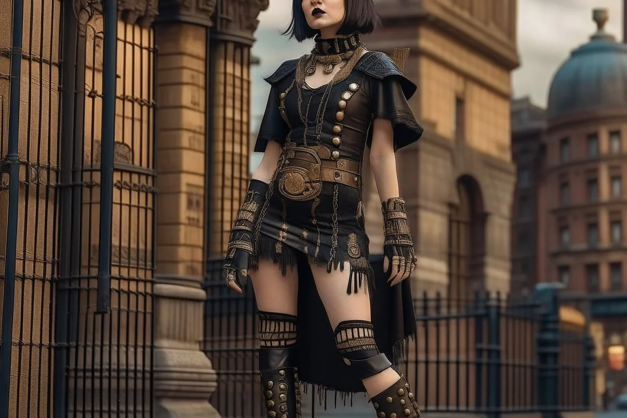 full-body-art of a woman with a bob with a fringe hairstyle, Cleopatra clothing, black knee-high boots, steampunk city background