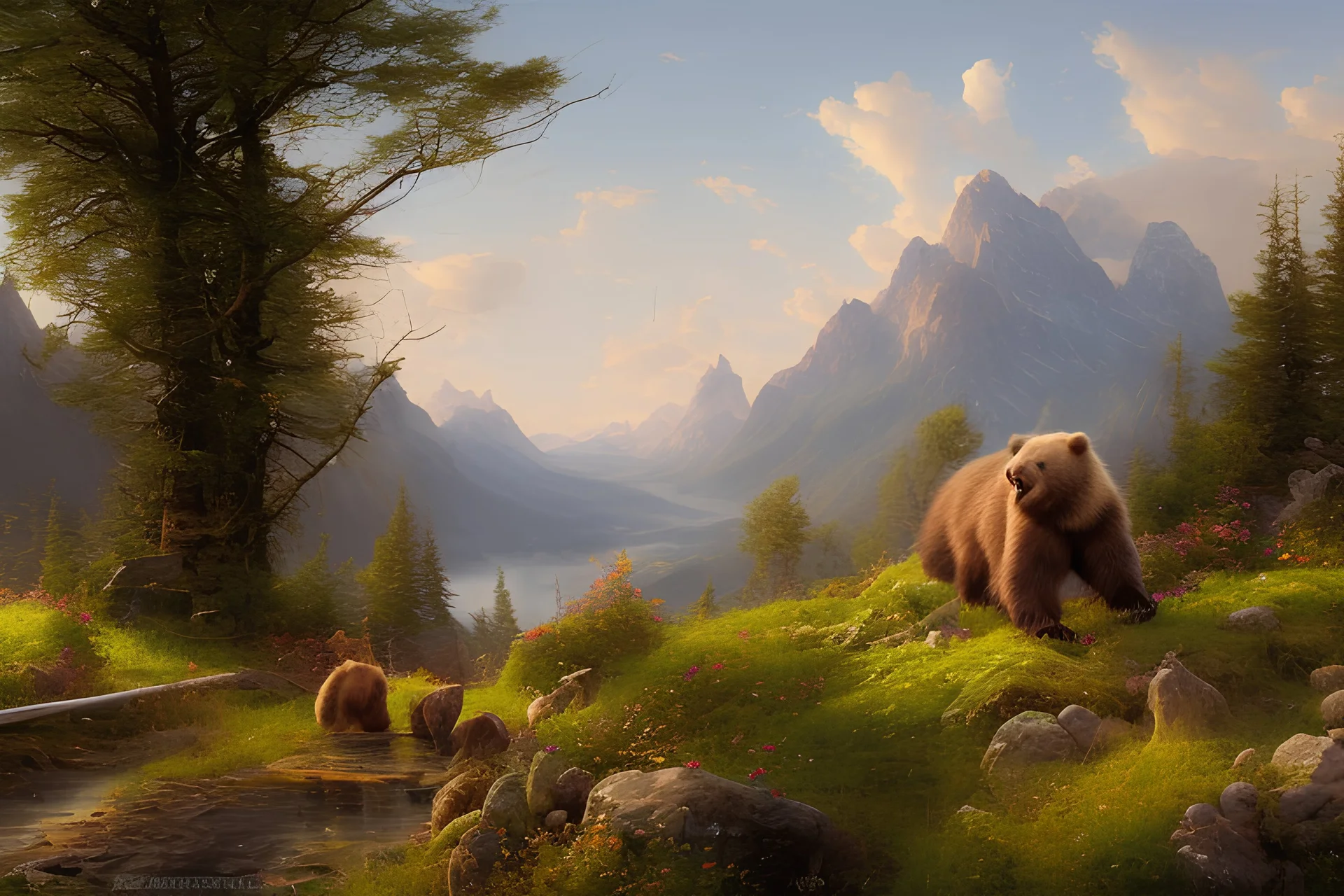 Peder Monk Monsted style, bear in the middle, in a distance mountains summer