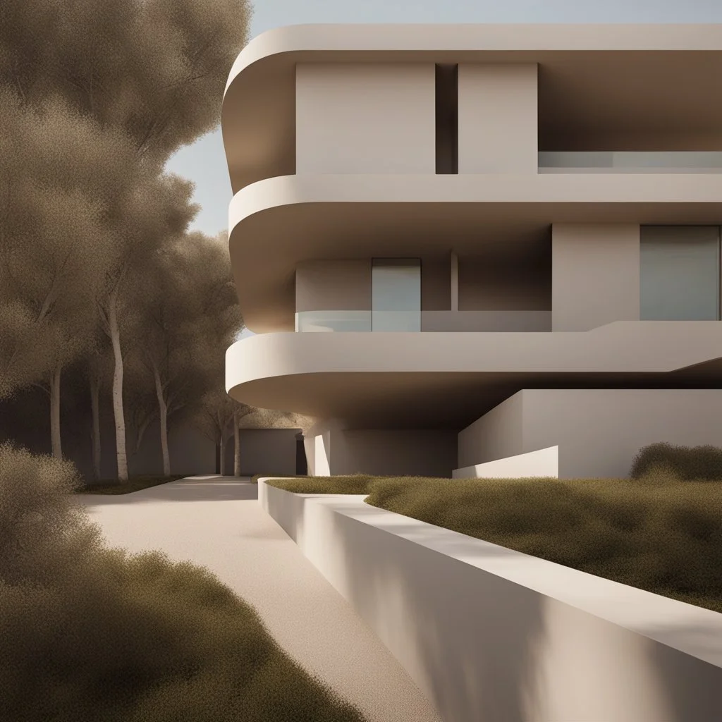 A building inspired by the kernel of the olive, presented in a minimalist and modern style.