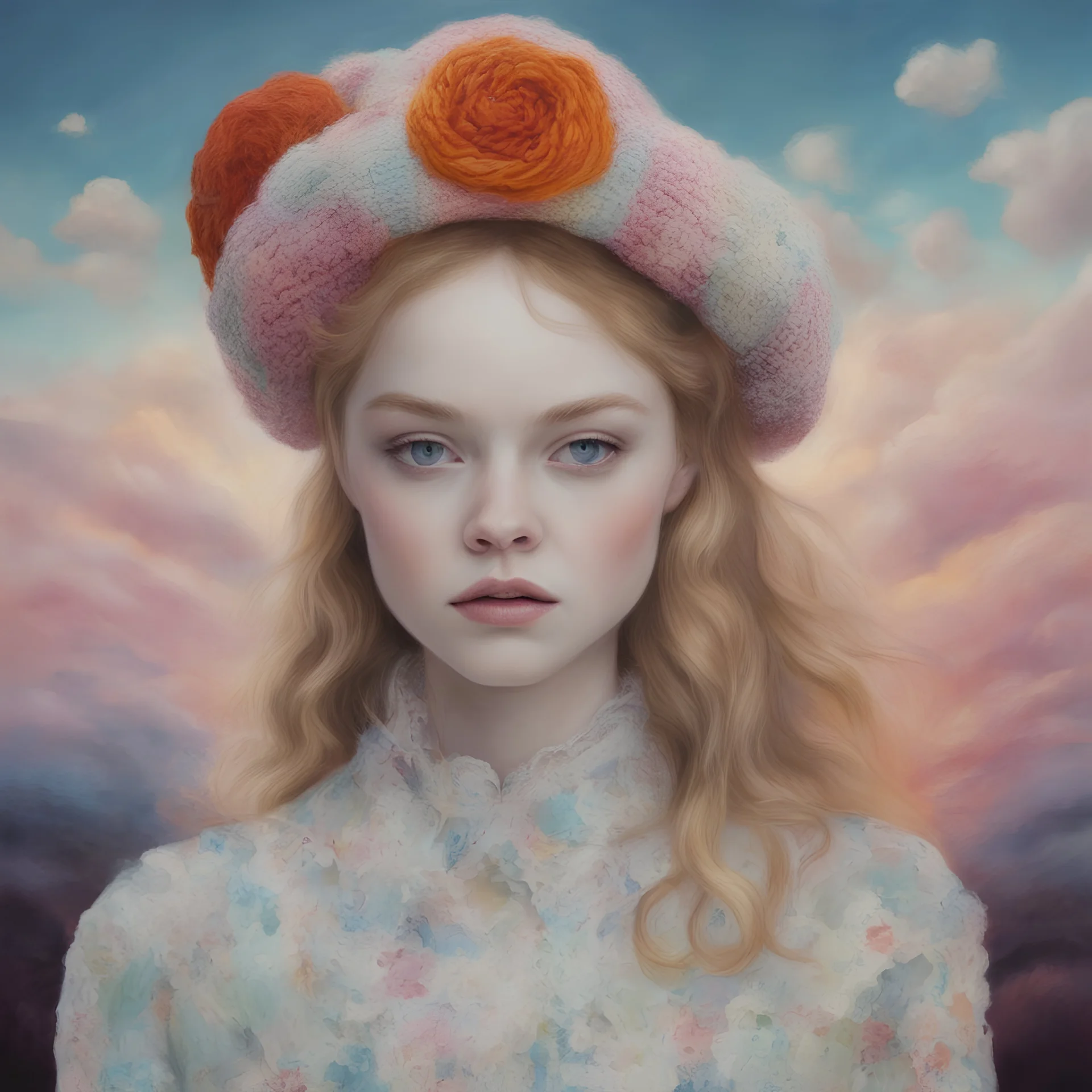 Surreal painting of elle fanning and lily cole, crochet hat, , the sky in the background
